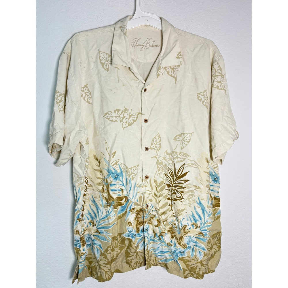 Tommy Bahama Mens Large 100% Silk Tropical Floral Camp Shirt Cream Blue Tan